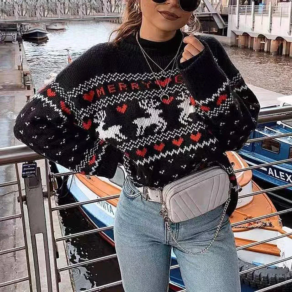 Fashion Sweater Acrylic Fibers Merry Christmas Sweaters Women Long Sleeve Autumn Winter Deer Print Pullover Jumper Tops New N5 | Женская