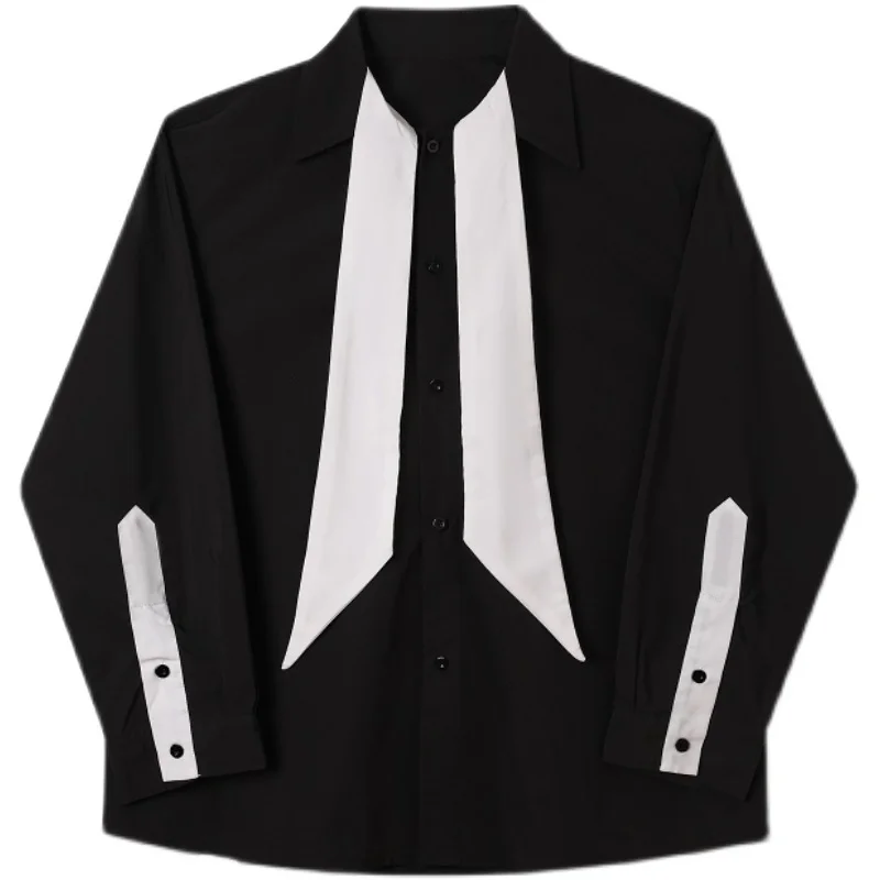 

Stage Clothing Men Long Sleeve Bow Tie Collar Loose Casual Blue Black Shirtmale Japan Korea Streetwear Vintage Fashion Shirt