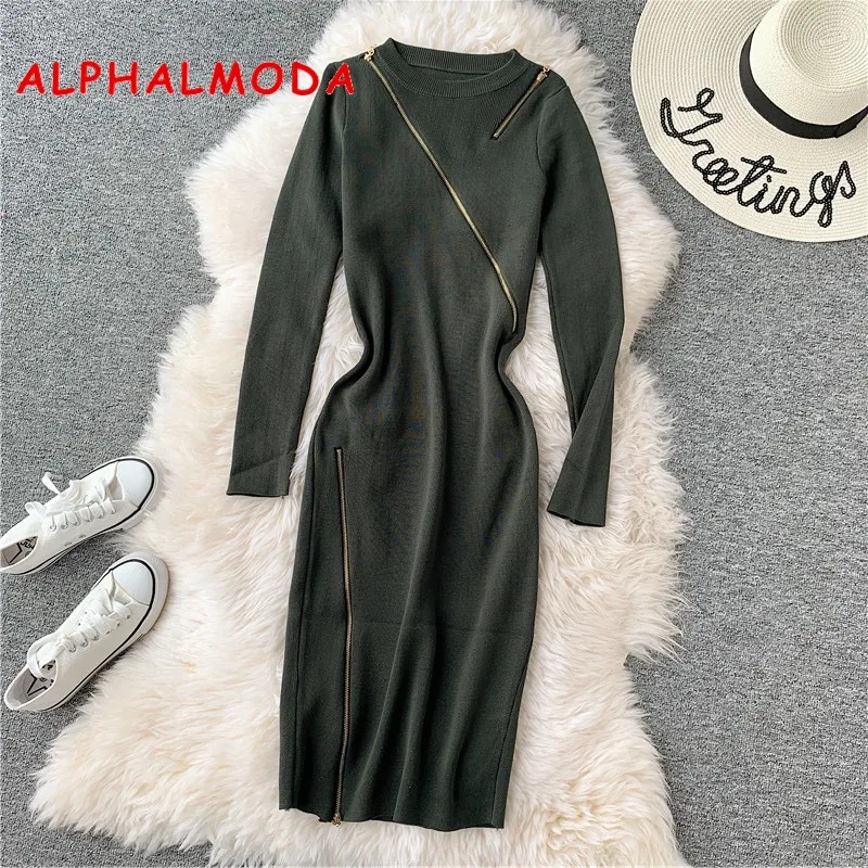 ALPHALMODA/осень зима 2019 сексуальное трикотажное платье на молнии с круглым вырезом