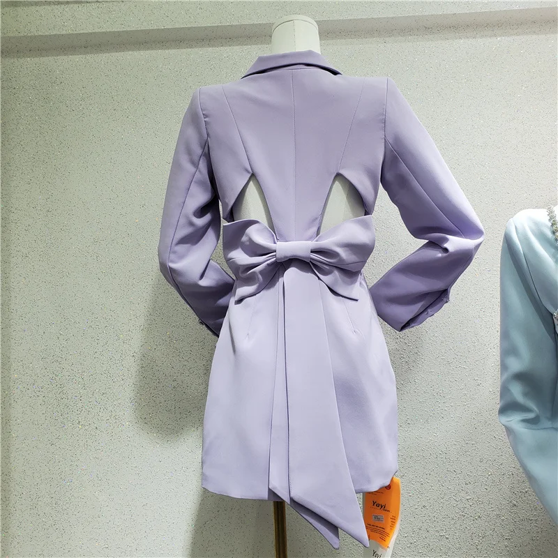 

SeeBeautiful Back Hollow Out Bow-knot Loose Blazer Coat Notched Long Sleeve Single Breasted Women Autumn 2021 New Fashion G397