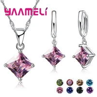 new fashion women pendants necklace simple geometry square earrings crystal 925 sterling silver jewelry sets for wedding