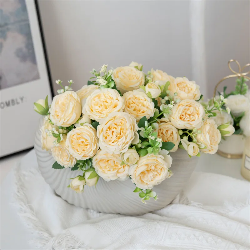 Small artificial silk flowers of roses and peonies, fake flower for wedding and spring party decoration