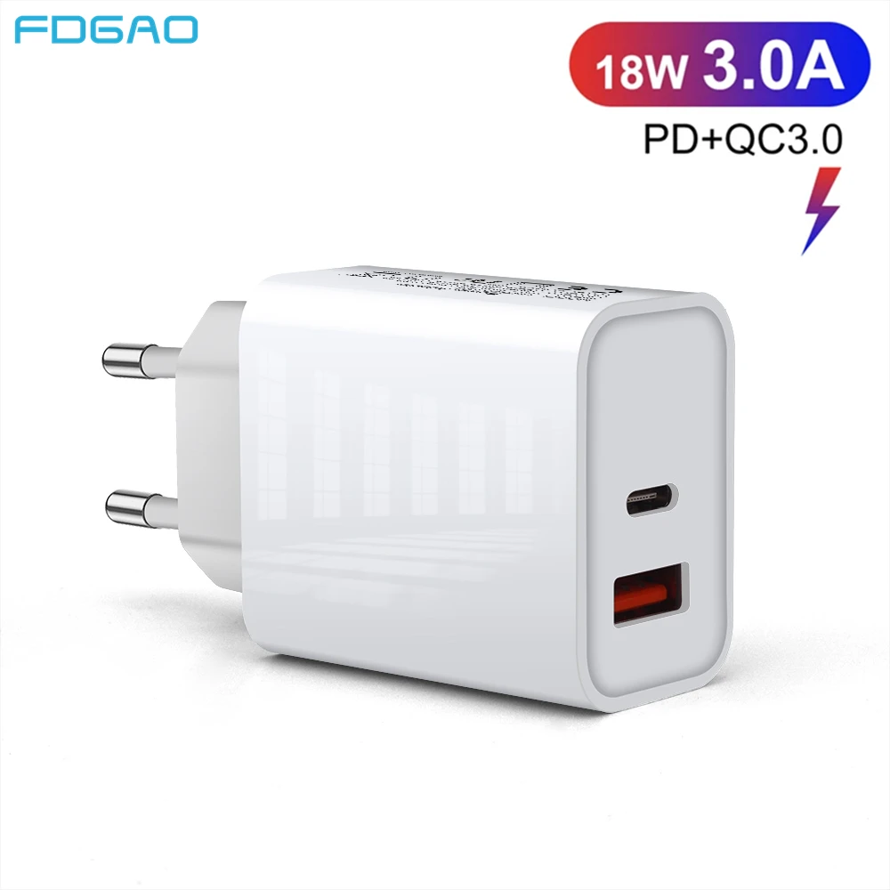 PD зарядное устройство с двойным USB адаптером 18 Вт QC 3 0 быстрая зарядка типа C настенная Быстрая для iPhone 12 11 Pro Max
