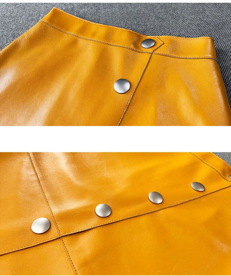 2020 New Winter Women French Retro Split Genuine Leather 65cm Long Skirt Female Knee Over Buttons Wine Red/Yellow Saia Faldas