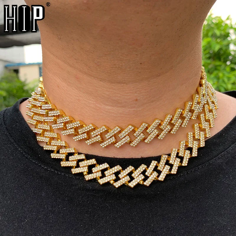 

Hip Hop 15MM Bling Iced Out Crystal Miami Zircon Cuban Full Pave Rhinestone Men's Necklace Gold Necklaces For Men Jewelry