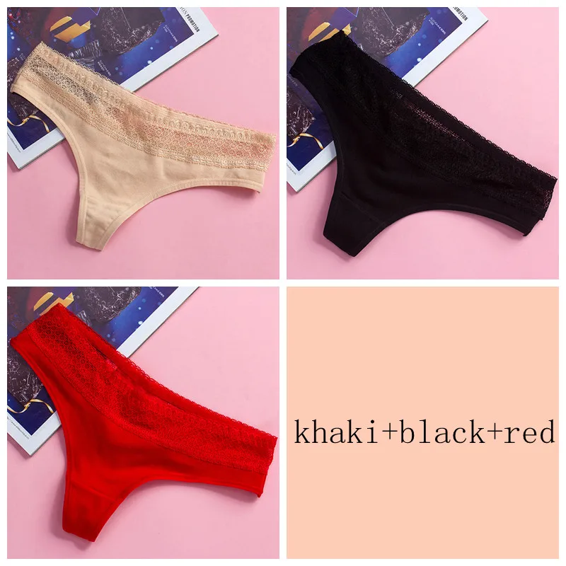black red khaki 3 шт./лот, женские хлопковые трусики, с вырезами, с кружевной талией, хлопок, g-стринги, щипцы, сексуальные танга, нижнее белье, дамское нижнее белье, штаны - Цвет: black red khaki
