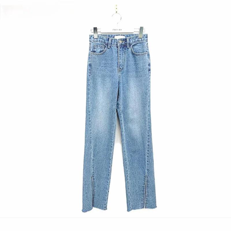 

Vintage Split Women Blue Jeans High Waist Pockets Loose Female Straight Denim Pants 2021 Summer Casual Ladies Trousers