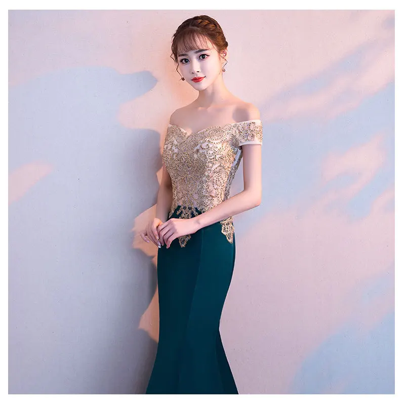 

Women Dress for Mermaid Off The Shoulder Banquet Sexy Long Golden Birthday Party Cheongsam Dress K075