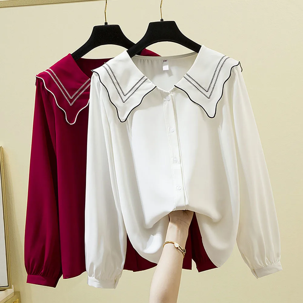 

Женская блузка с длинным рукавом, белая рубашка с воротником «Питер Пэн», 2021