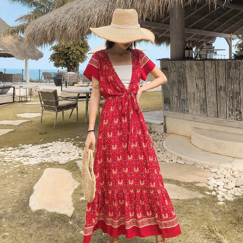 Длинное летнее женское платье с принтом Тропическое элегантное этническое