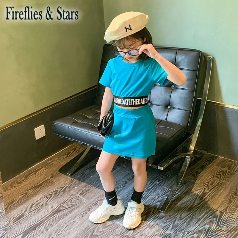 Летний комплект из 2 предметов для девочек детский укороченный топ + юбка