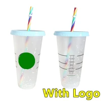 710ml straw cup with logo with lid reusable cups plastic tumbler cold coffee mug christmas party gift color change tumblers