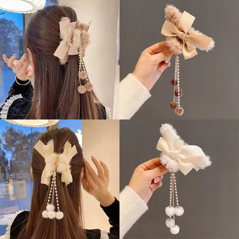 

MueRaa Women Girls Bow Hairy Hair Claws Hair Clips Korean Style Lady Pendant Ball Elegant Hair Accessories Barrettes Hairgrips
