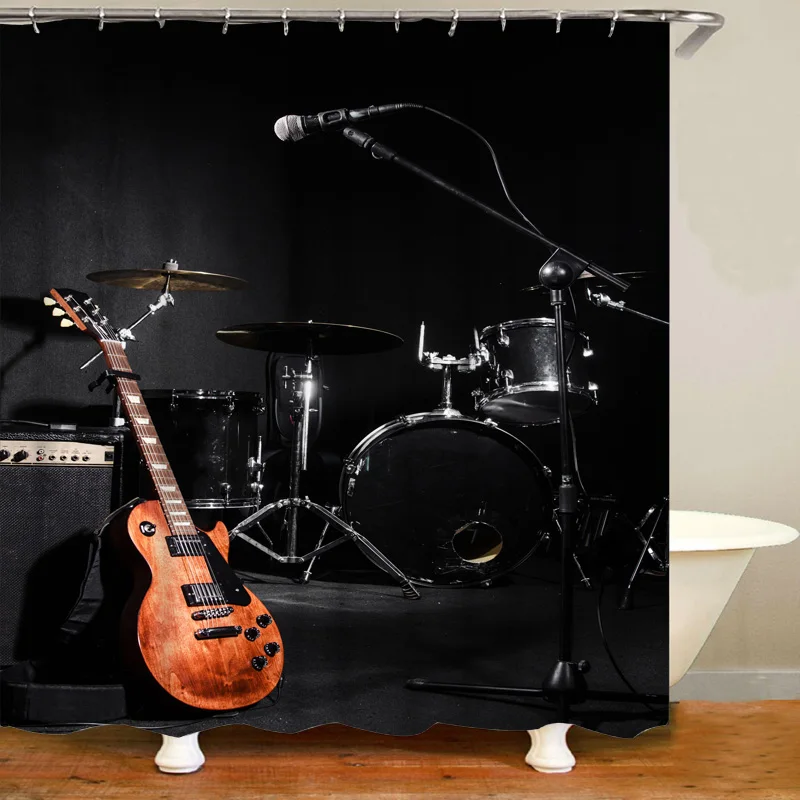 Черная занавеска для душа с музыкальными инструментами ванной комнаты гитарного