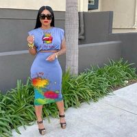 summer two piece set women fashion lips ink printing sleeveless tshirt skirt suit ladies casual two piece suit