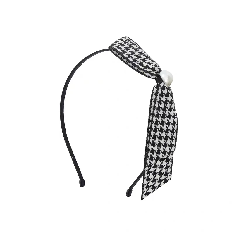 

Retro Korean Plaid Bow with Pearl Bezel Hairband Headwear for Women Girl Headband Hair Bands Hoop for wholesale Hair Accessories