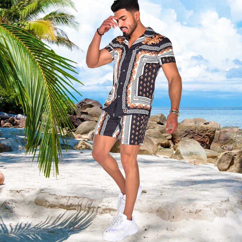 

Men Hawaiian Printing Sets 2021 Summer Short Sleeve Button Shirt Beach Elastic Waist Shorts Fashion Casual Mens Suit 2 Pieces