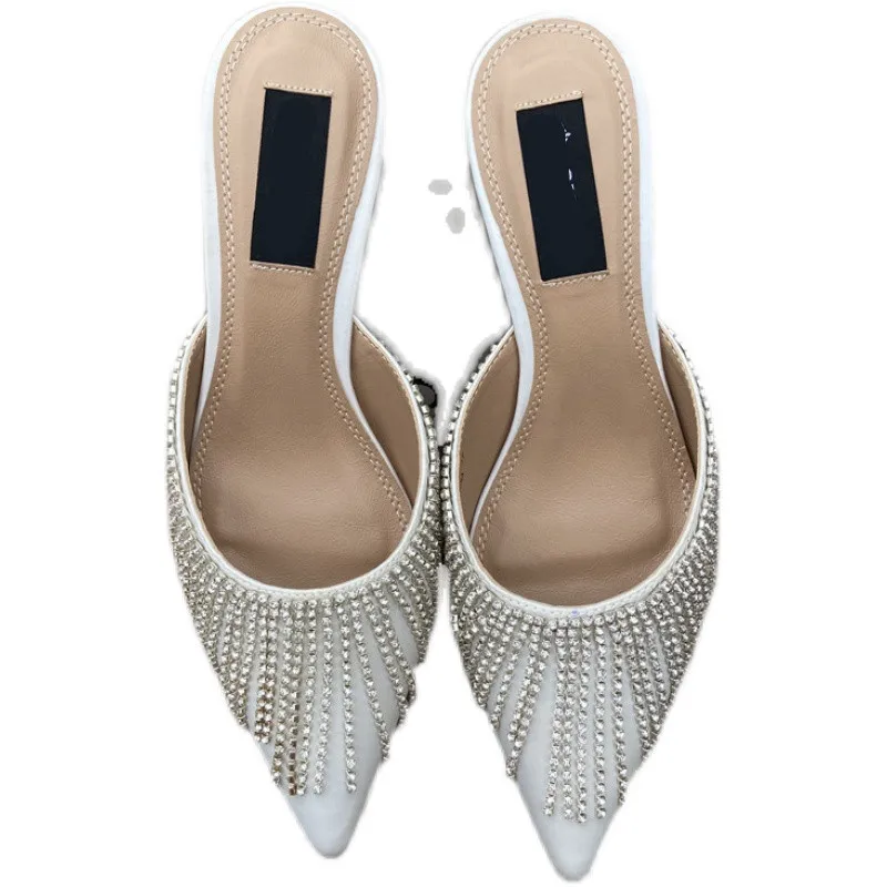 

Cover Toe Loafers Fringe Mules For Women 2021 Ladies' Slippers Glitter Slides Low Big Size Thin Heels Shoes Pantofle Pointed Jel