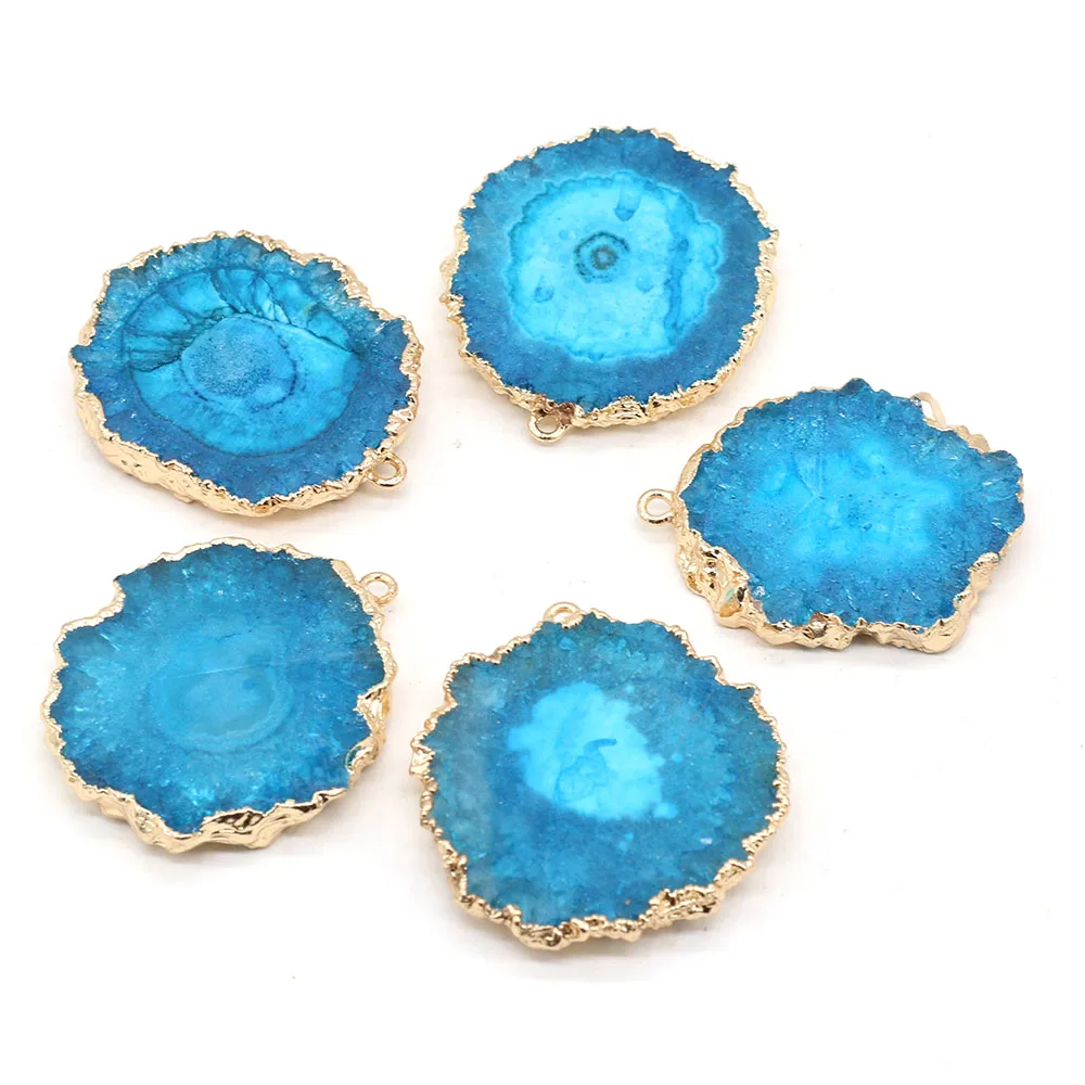 

Natural Stone Pendant Round Shaped Blue Gold Edging Slice Agates Charms For Jewelry Making Bracelet Necklace Earring Accessories