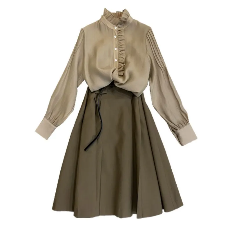 

New Spring Summer Women Shirt Skirt Two Piece Set Office Ladies Elegant Vintage Long Sleeve Blouses A Line Skirts Matching Sets