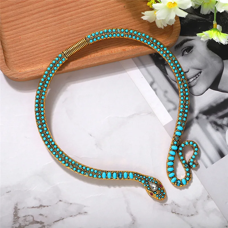 

Blue Turquoise Micron Pave Snake Necklace Antique Egypt Style Cleopatra Bendable Necklace Sexy Wild Choker Snake Necklace