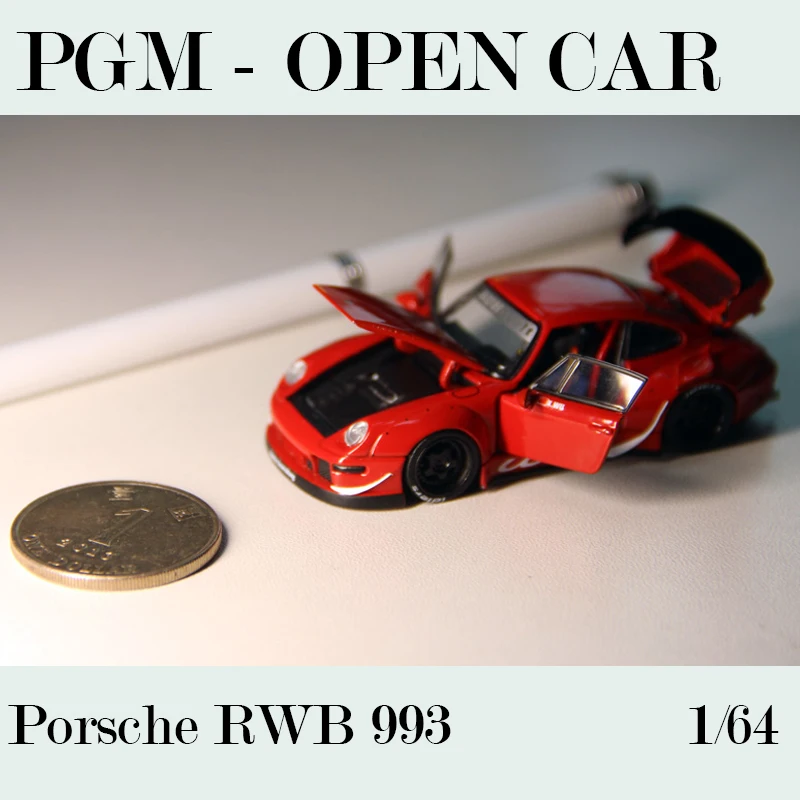 

PGM 1/64 Model Car Porsche RWB 993 Alloy Diecast Collection Material Red Display Gifts Open Car