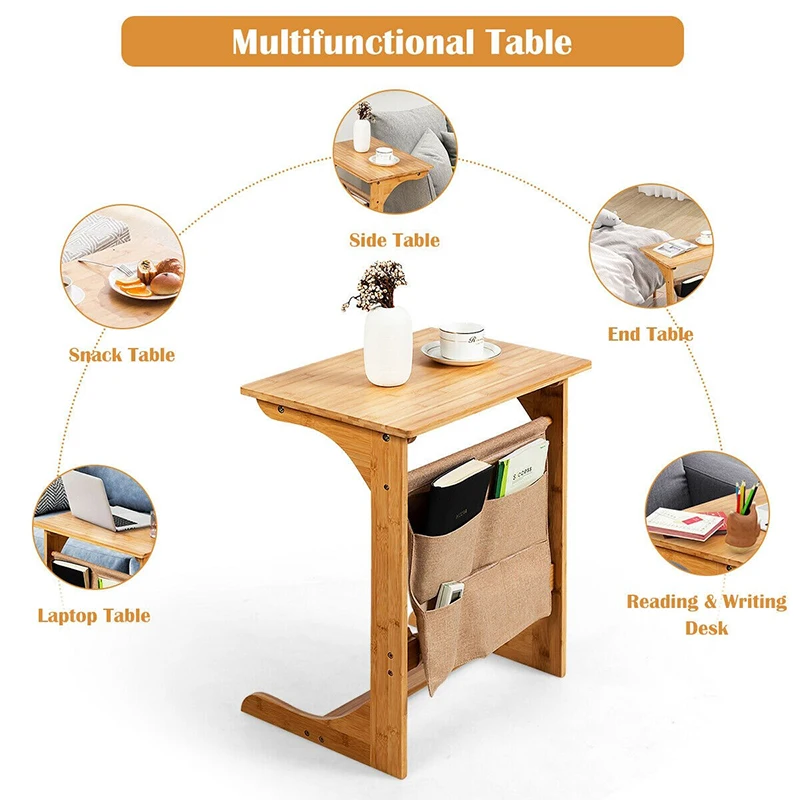 

Natural Bamboo L Shaped Sofa Table Spacious Tabletop Round Corners End Table Versatile Storage Bag Multipurpose Bedside Table