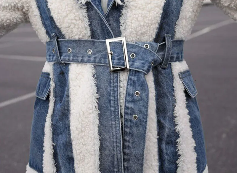 TWOTWINSTYLE Hit Color Patchwork Denim Tassel Trench Coats For Women Lapel Collar High Waist Sashes Windbreakers Autumn New