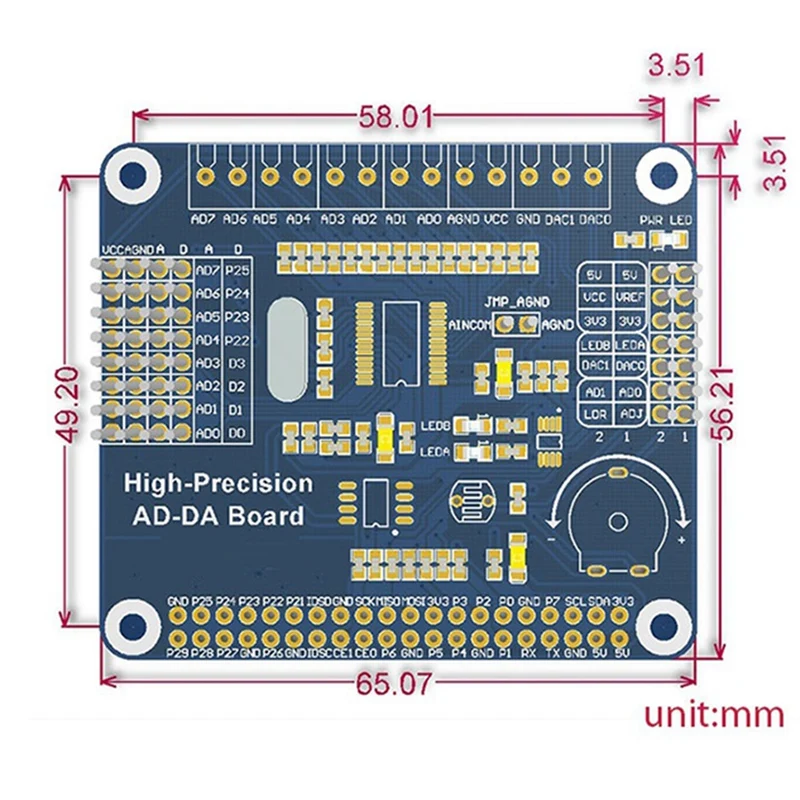 Плата расширения аналогового/цифрового модуля высокой точности для Raspberry Pi 3B +/4B
