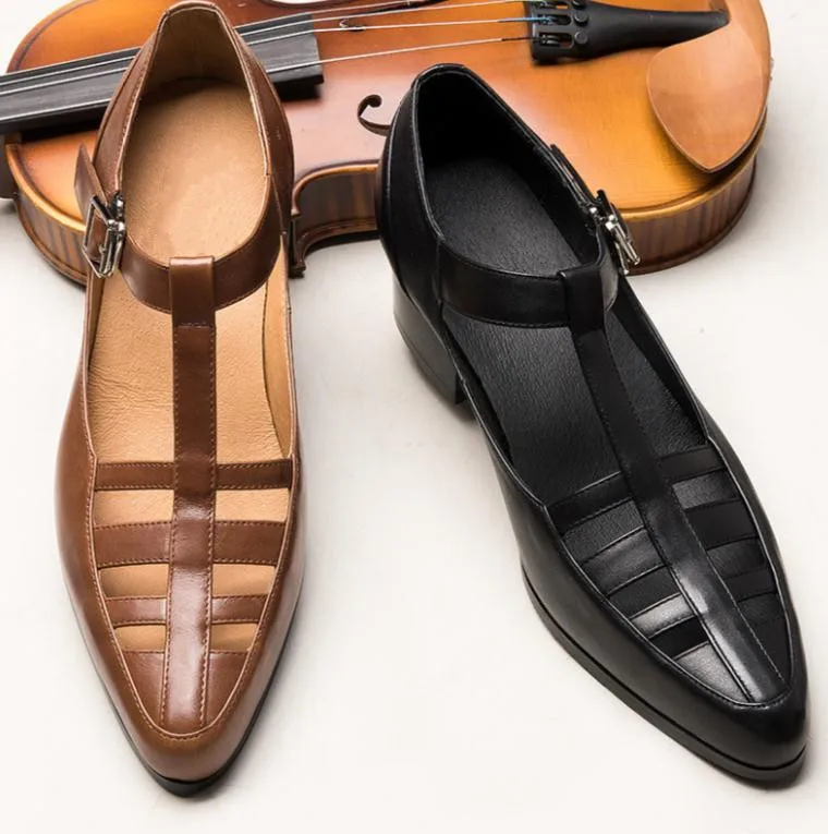 

Summer Men Genuine Leather Sandals High Heels Classic Hollow Breathable Sexy Sandals British Trendy Business Office Dress Shoes