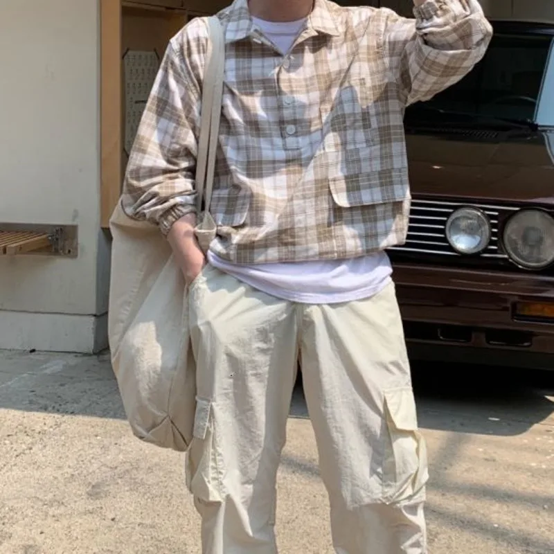 

Korean Cotton Pullover Shirt Men's Fashion Retro Casual Plaid Shirt Men Streetwear Loose Spring Autumn Long Sleeve Shirts Mens