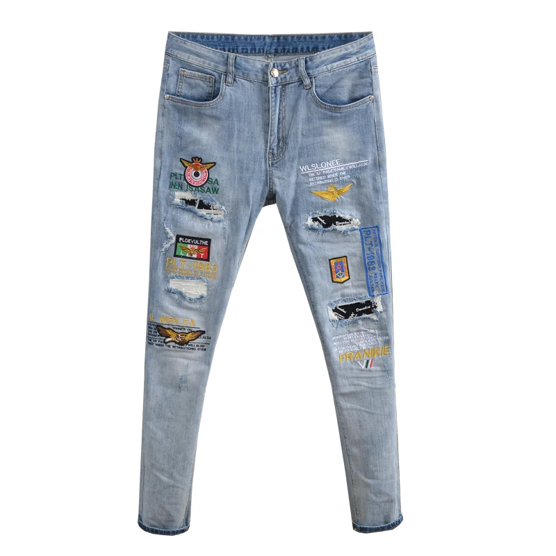 

Men Jeans High Street 2021 Summer Streetwear Embroidered Ripped Holes Patch Slim Fit Pants