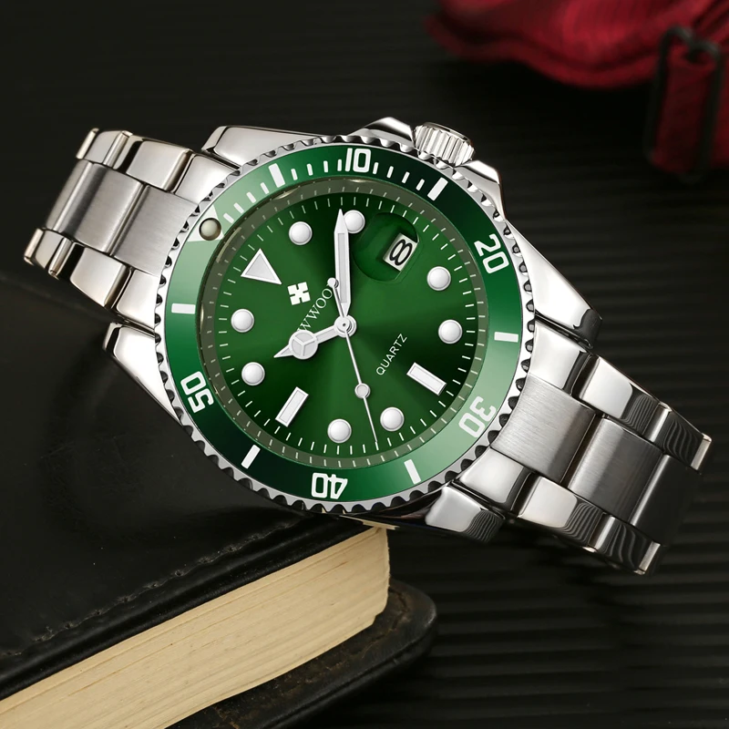 

WWOOR Brand Men Watches Quartz Analog Date Luminous Waterproof Silver Stainless Steel Watch for Men Green Dial Male Wrist Watch
