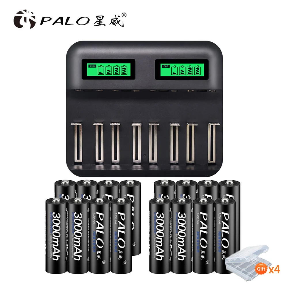with 16pc AA Battery Palo Новое поступление AA AAA C D зарядное устройство USB lcd Быстрая зарядка+ 16 шт 1,2 в Ni-MH AA Аккумуляторная батарея низкий саморазряд - Цвет: with 16pc AA Battery