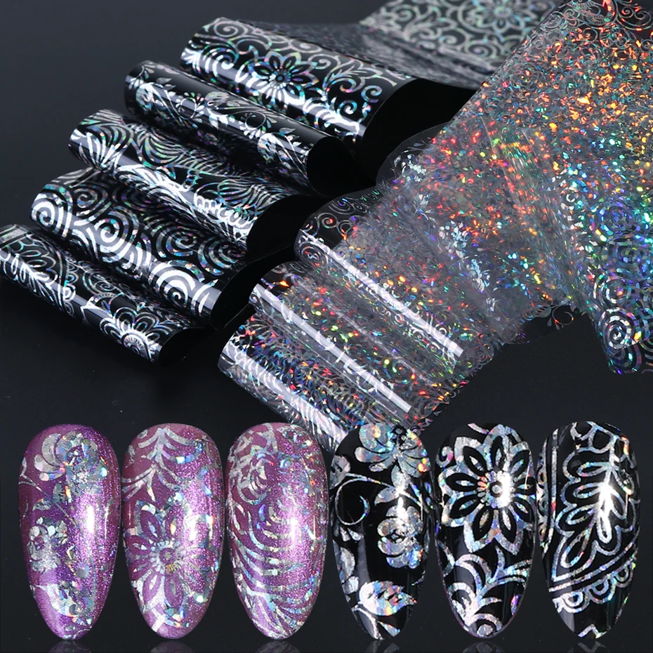 10pc Holographic Foils Nail Transfer Wraps Lace Flower Snowflake Clear Black Adhesive Sticker Set Nail Foil Gradient Tips CH1040