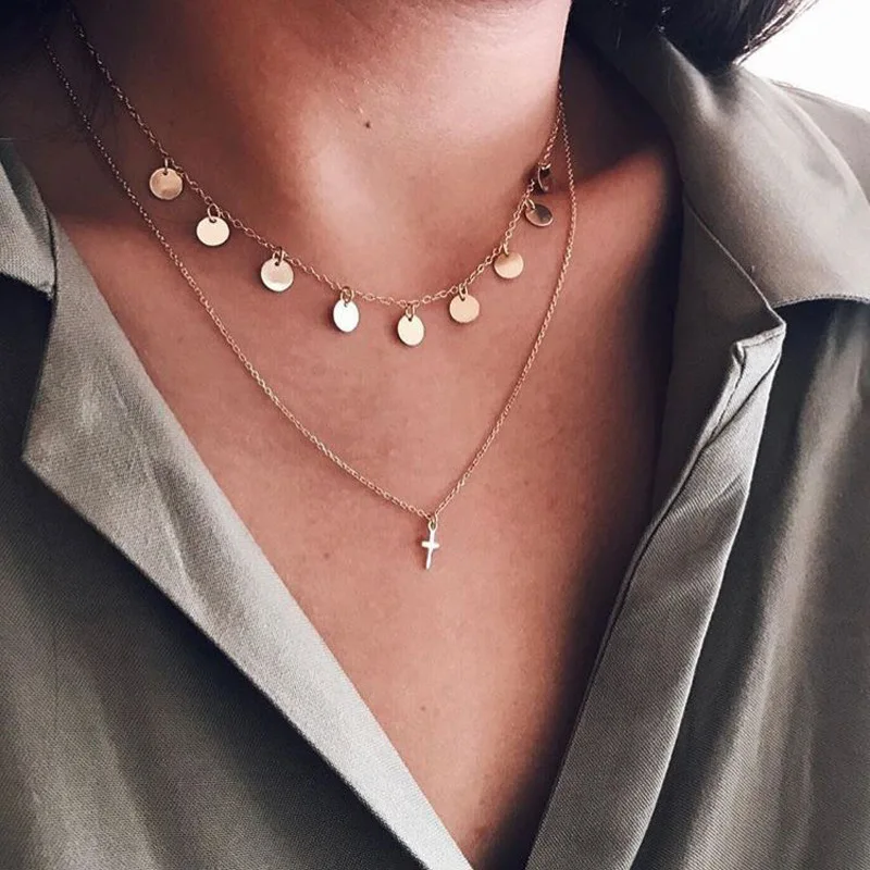 

Bohemian Multi-layer Tassel Sheet Cross Pendant Necklace For Women Gold Color Vintage Pendants Necklaces Chokers Jewelry Gift
