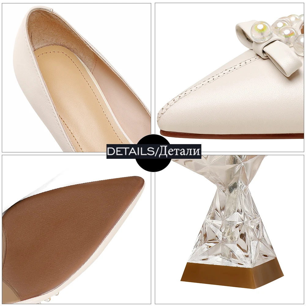 

WETKISS Genuine Leather Women Pumps Pointed Toe Footwear Female Pearl Bow Decor Shoes Shallow Crystal Heels Woman Spring 2021