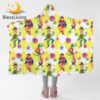 BlessLiving Clowns Hooded Blanket Ball and Umbrella Sherpa Fleece Throw Blanket Yellow White Wearable Blanket 1pc Funny Koce 1