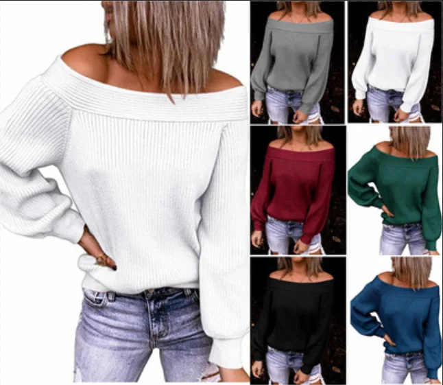 

Off Shoulder Large Loose Knit Fall Winter One Line Neck Solid Color Pullover Women's Sweater