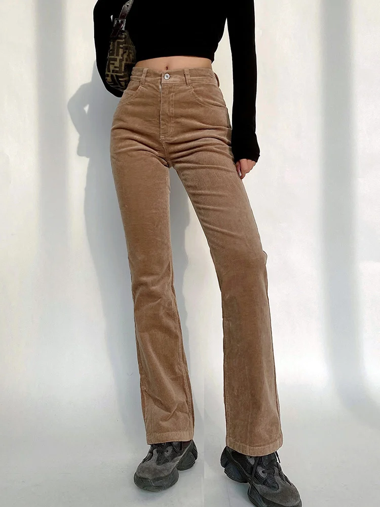 

WOMENGAGA Corduroy Fashion Micro Lapped Pants High Waist Slim Leg Long Wear Long Casual Pants Trousers Women Streetwear 5WRI