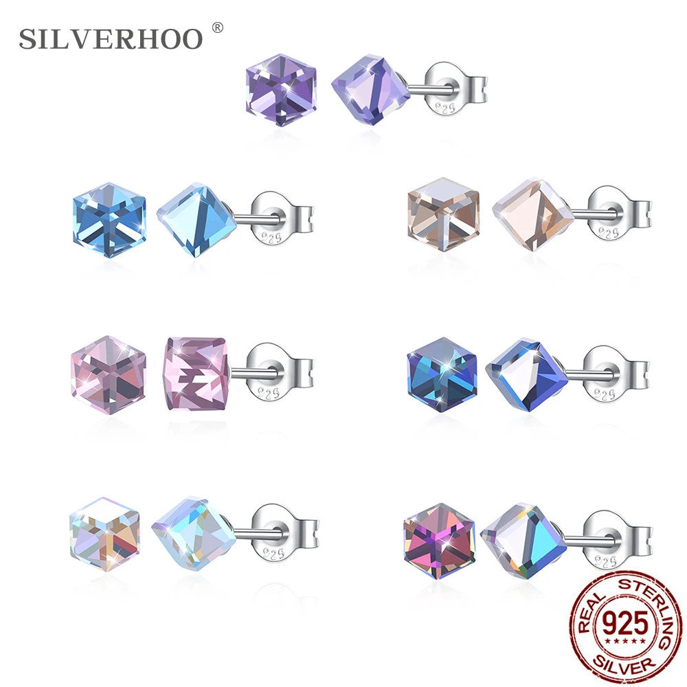 

SILVERHOO 925 Sterling Silver Geometric Square Stud Earrings For Women Seven Colors Austria Crystal Earring Engagement On Sale