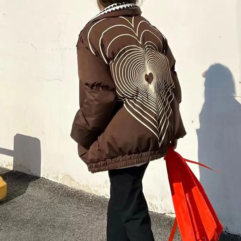 

Thick Turn Down Collar Parkas Heart Print Fashion Woman Coat Women's Winter Jacket Long Sleeve Warm Ins Cotton Vintage Outwear