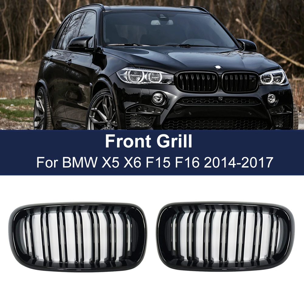 Car Bumper Hood Kidney Grille Double 2 Slat Racing Grilles For BMW  X5 X6 M F15 F16 F85 F86 2014-2017 Front Grill Glossy Black