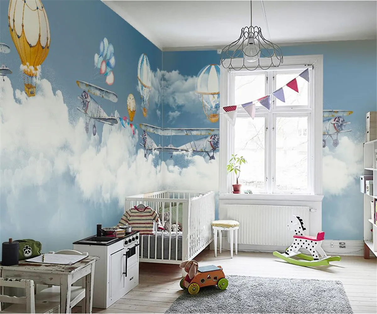 Custom wallpaper photo Nordic hand-painted cartoon hot air balloon starry sky children's room background wall mural 3d | Обустройство
