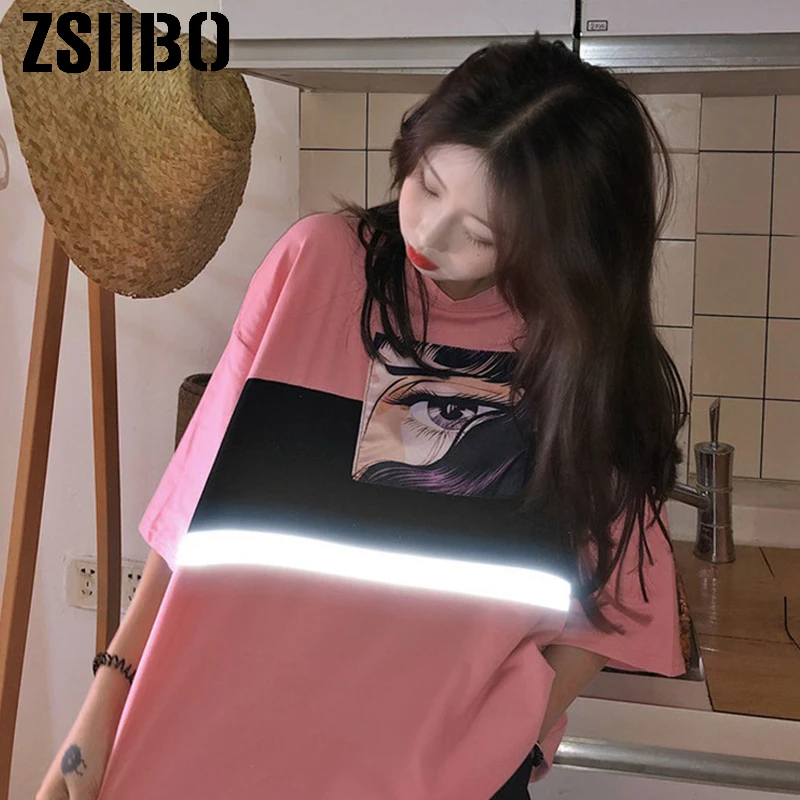 Женская уличная Футболка Harajuku свободная футболка с отражающим узором и коротким