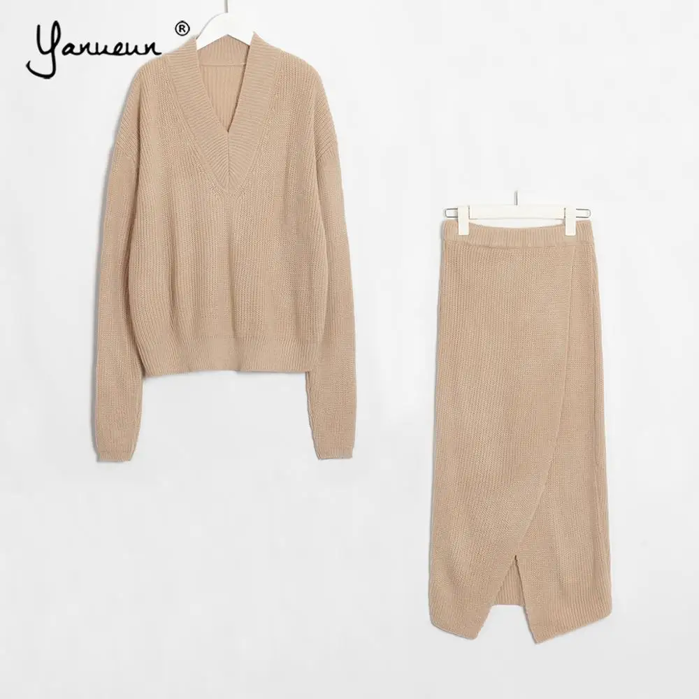 Yanueun свитер костюм наборы однотонный пуловер с v образным вырезом + вязаные юбки