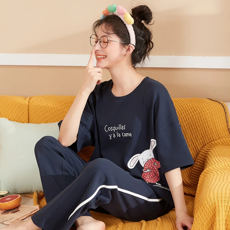 

Women's Pajamas Summer Cotton Round Neck Plus Size Short Sleeve Blue Homewear Funny Cartoon Rabbit Print Cute Girls Sleepwear