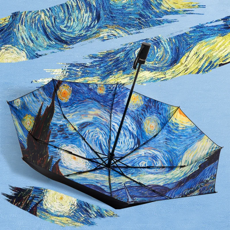 

Painter Van Gogh's painting starry sky 3 D printing folding Umbrella rain girl umbrella rain women girls umbrellas