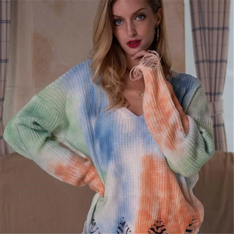 

Women Fashion Tie-Dye Printed Sweater Long Sleeve Multi-color Knitted Tops Streetwear Ladies Loose V-neck Tassel Pullover Tops
