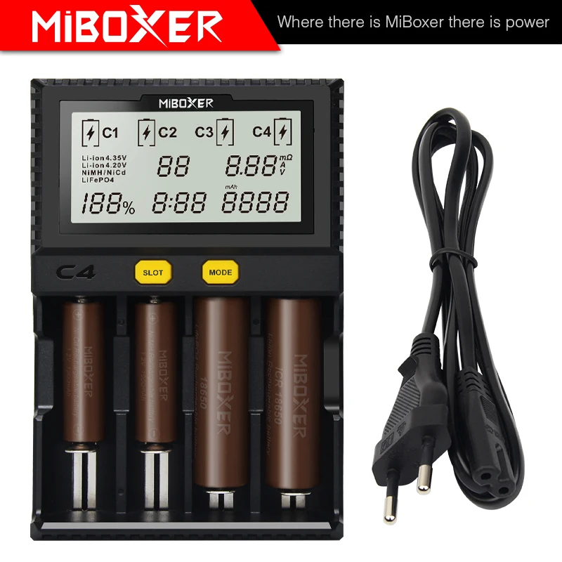 Умное зарядное устройство Miboxer C4 ЖК-дисплей для литий-ионных IMR ICR LiFePO4